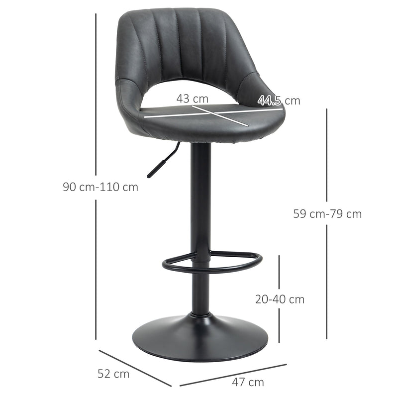 HOMCOM Bar Stools Set of 2, Swivel Counter Height Barstools with Back, Adjustable PU Leather Bar Chairs, Modern Armless Kitchen Island Stool, Dark Grey