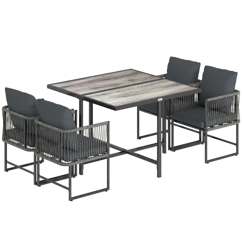 Outsunny 4-Seater Garden Dining Set, Rattan Outdoor Furniture with Space-Saving Chairs and Thick Cushions for Patio Balcony, Black