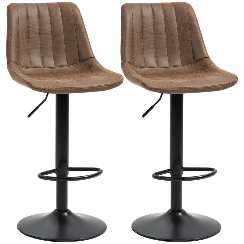 HOMCOM Bar Stools Set of 2, Swivel Counter Height Barstools with Back, Adjustable Bar Chairs, Breakfast Dining Stools for Kitchen Island Counter with Adjustable Steel Footrest & Base, Brown