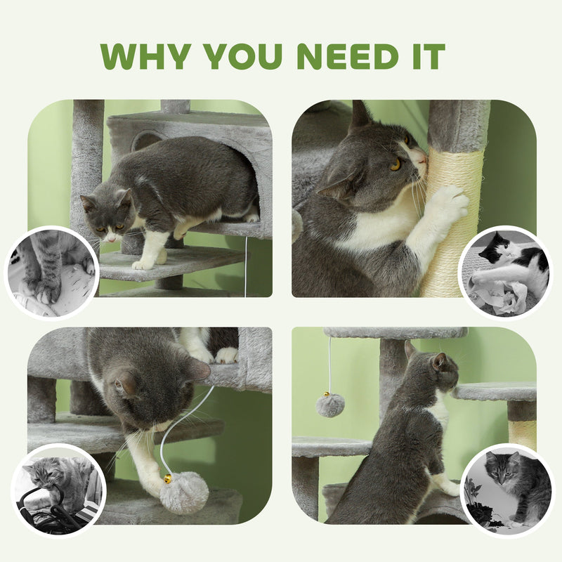 PawHut 138cm Cat Tree, Multi-Level Cat Tower with Scratching Posts and Pad, Bed, Condos, Platforms, Toy Balls, Light Grey