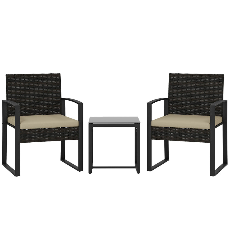 Outsunny Rattan Bistro Set, 3 Piece Garden Furniture Set with Glass Top Table and Cushions, Khaki