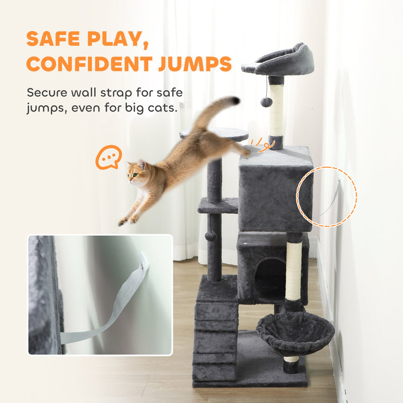 PawHut 140cm Large Cat Tree Tower with Sisal Scratching Posts, Cat Houses, Plush Perches, Hammock, Ladder, Dark Grey