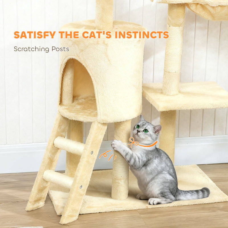 PawHut Multi-Level Cat Tower, 134cm Cat Tree with Condo and Sisal Scratching Posts for Indoor Kittens, Beige