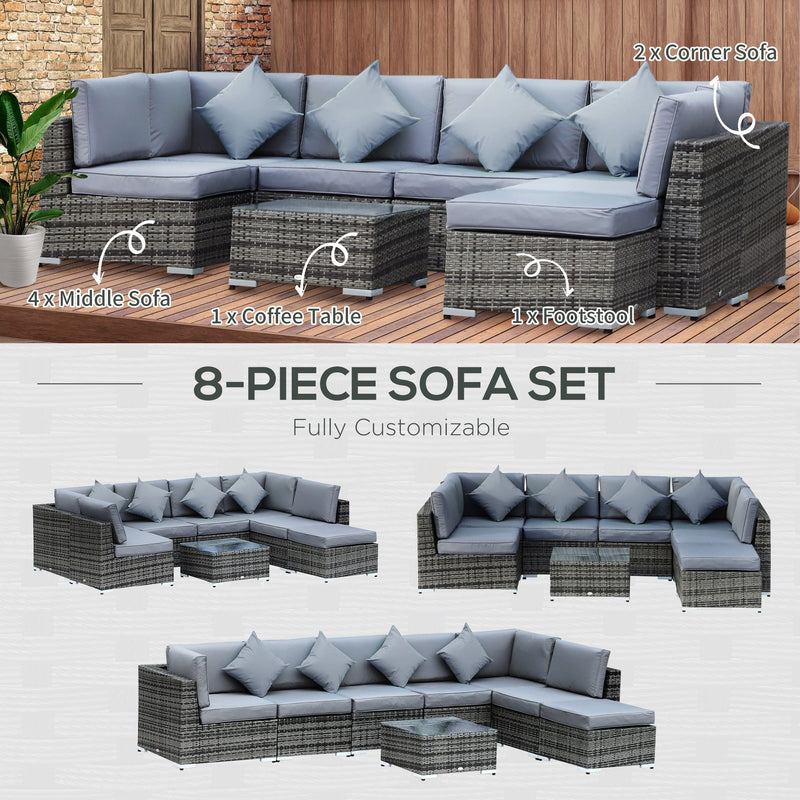 Outsunny 8 Pieces PE Rattan Corner Sofa Set with Thick Cushions, Aluminium Outdoor Rattan Garden Furniture Set with Glass Top Table, No Assembly Required, Grey