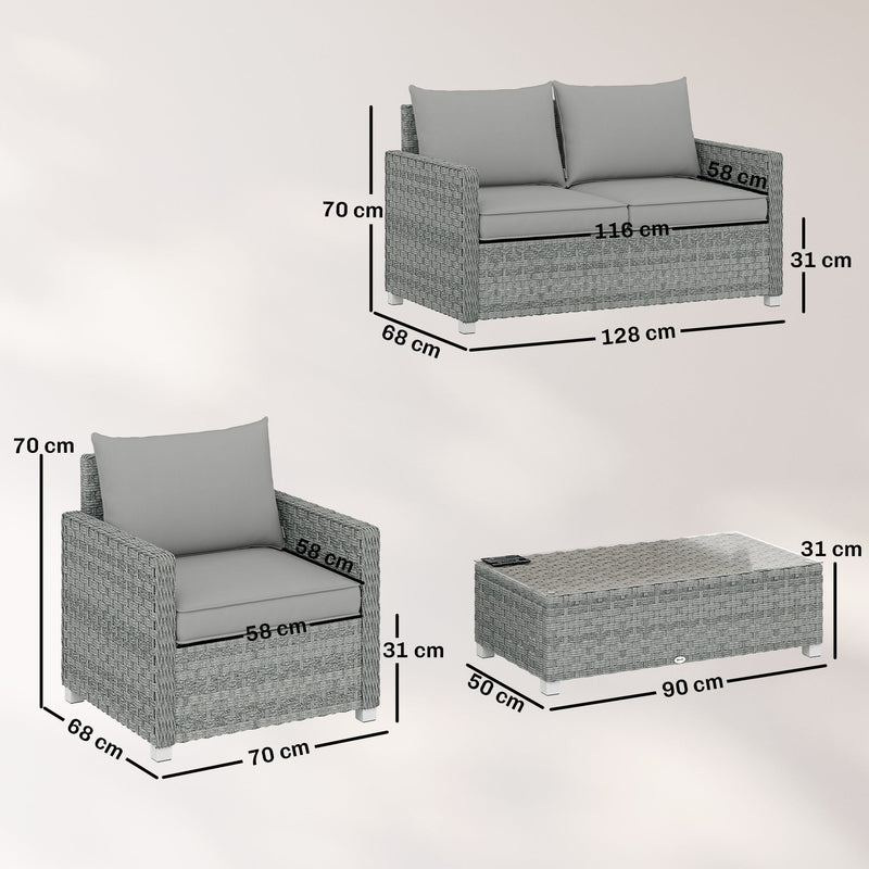 Outsunny 4 Piece Rattan Garden Furniture Set with Loveseat, 2 Armchairs, Glass-Top Table, Wicker Patio Conversation Set, Grey