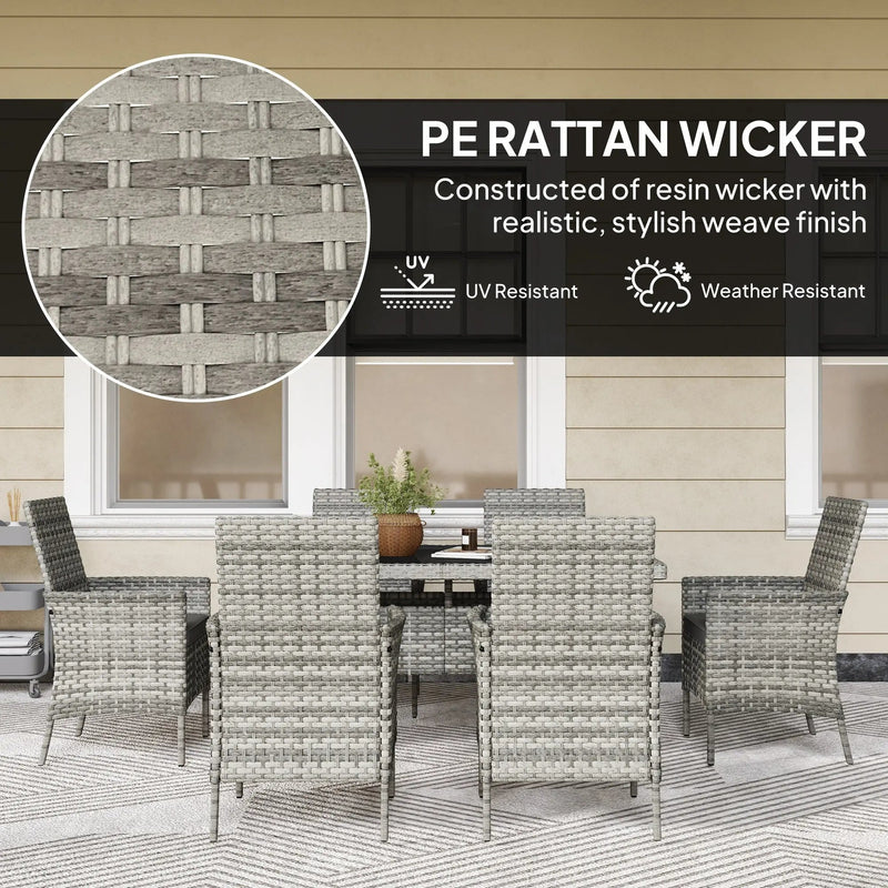 Outsunny Rattan Garden Furniture Set, 6 Seater Outdoor Dining Table and Chairs with Cushions, 150 x 90cm Rectangular Tempered Glass Table, 6 Armchairs, for Terrace, Conservatory, Balcony, Mixed-Grey