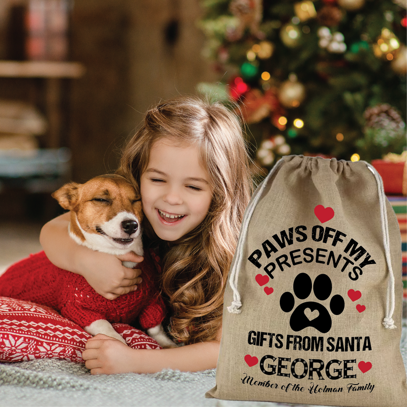 Paws off my presents, gift from santa paws, Doggie Santa Sack