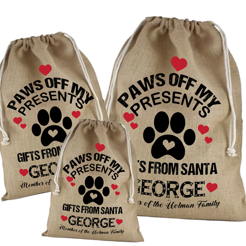 Paws off my presents, gift from santa paws, Doggie Santa Sack