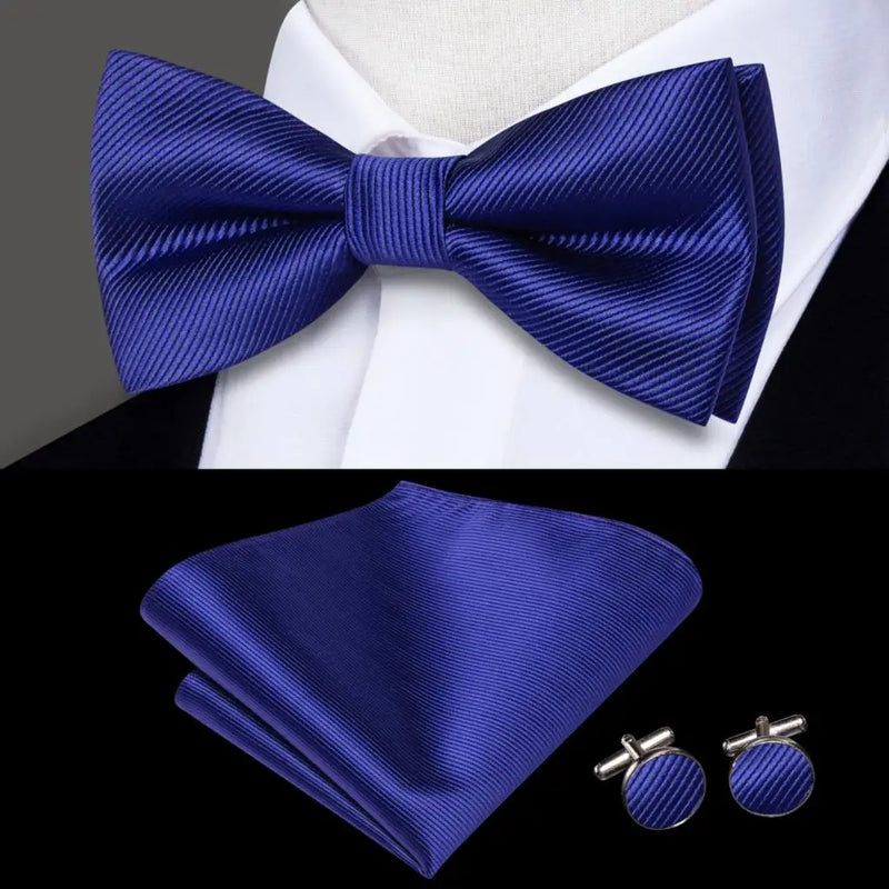 Plain Blue Textured Silk Bow Tie - With Matching Cufflinks & Pocket Square