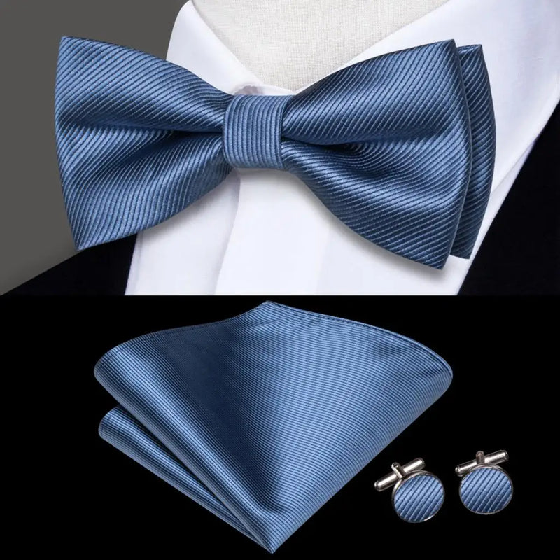 Plain Light Blue Textured Silk Bow Tie - With Matching Cufflinks & Pocket Square