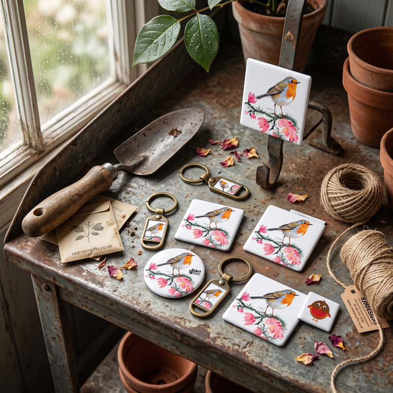 Magnet and Keyring Set of Robins on metal magnet and metal keyring