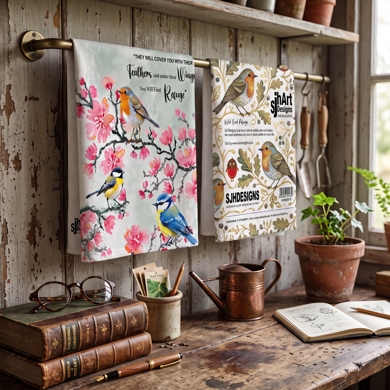 Robins, Blue Tit and Coal Tit on Pink Blossom on a pair of Towelling Tea Towels/Hand Towels