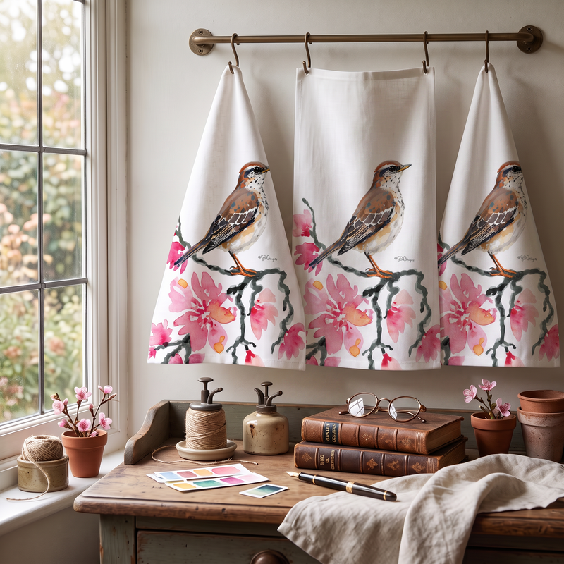 Mistle Thrush on Pink Blossom Tea Towel