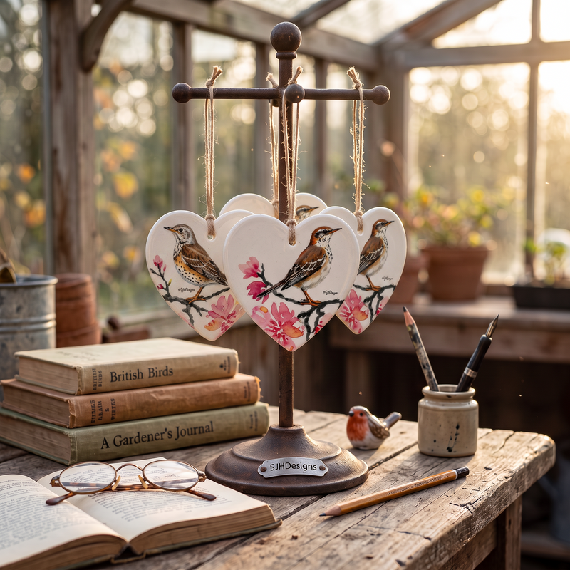 Mistle Thrush on Pink Blossom on a pair of Hanging Ceramic Hearts