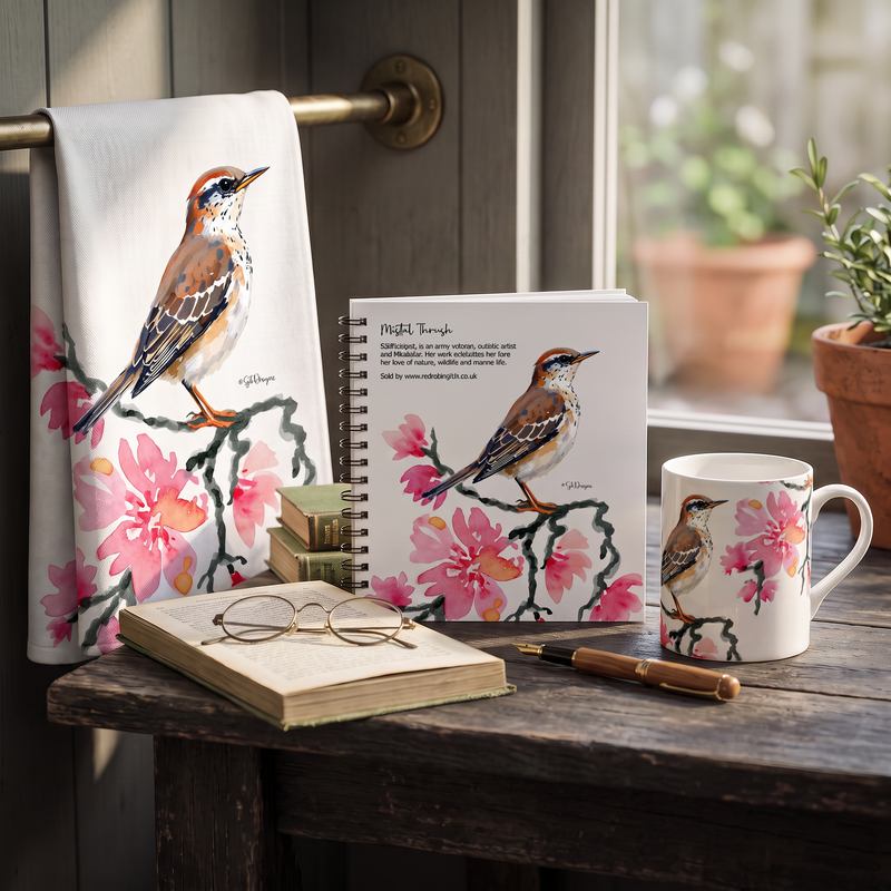 Mistle Thrush Tea Towel, Mug and Notebook Set