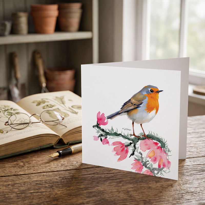Robin on Pink Blossom Greetings Card