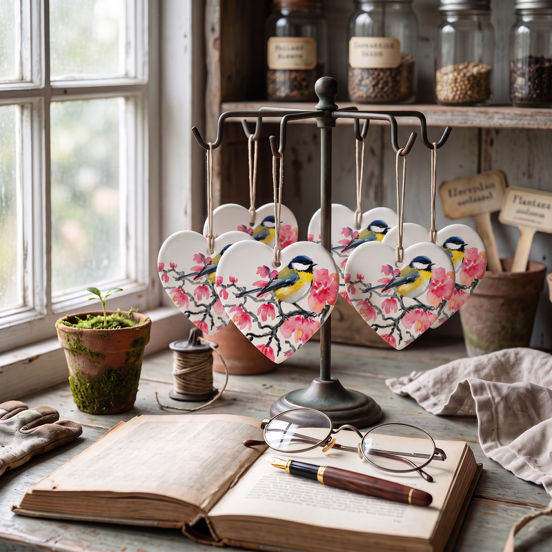 Coal Tit on Pink Blossom on a pair of Hanging Ceramic Hearts