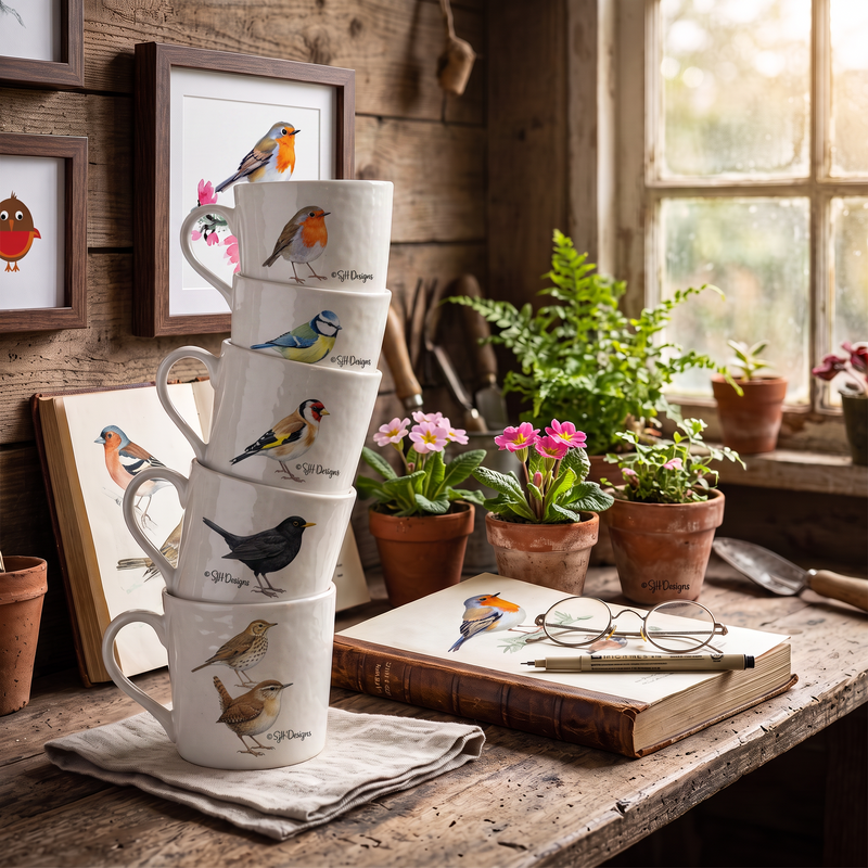 Set of 6 Wild Bird Mug Set 110z White Ceramic Mugs