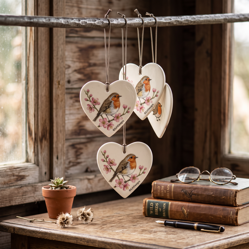 Robin on Pink Blossom on a pair of Hanging Ceramic Hearts