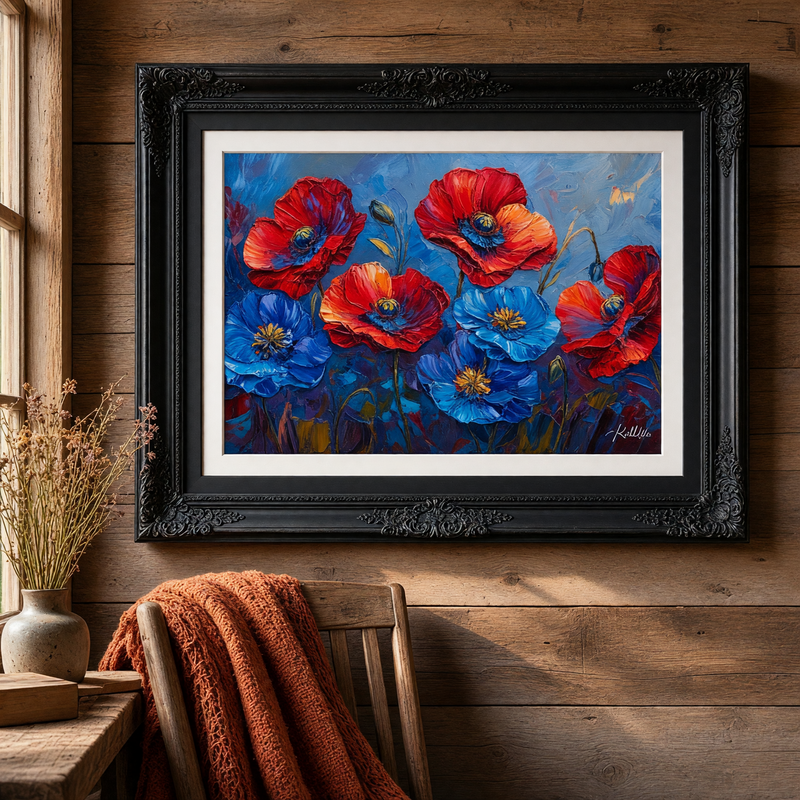 The Blue and Red Poppies Fine Art Framed Giclee Print
