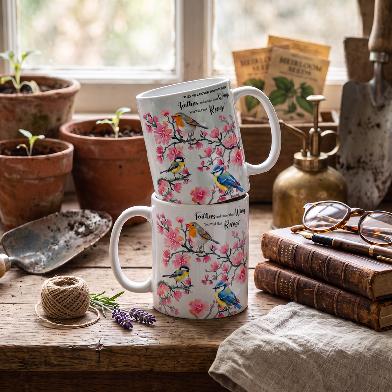 Robins on Pink Blossom 110z Mugs