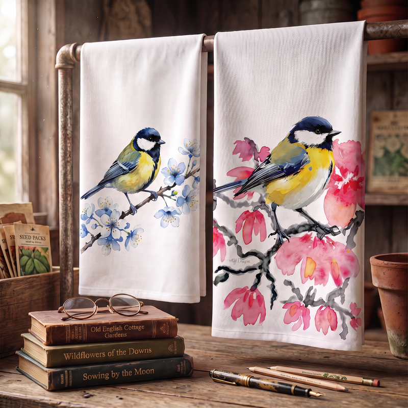 Coal Tit on Pink Blossom Towelling Tea Towels/Hand Towels