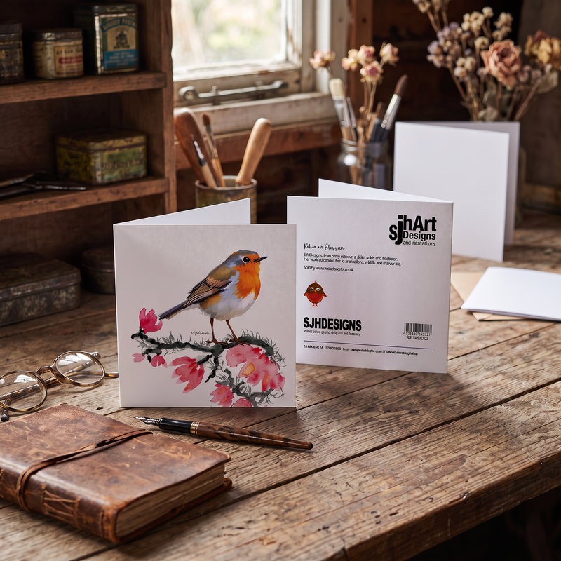 Robin on Pink Blossom Greetings Card