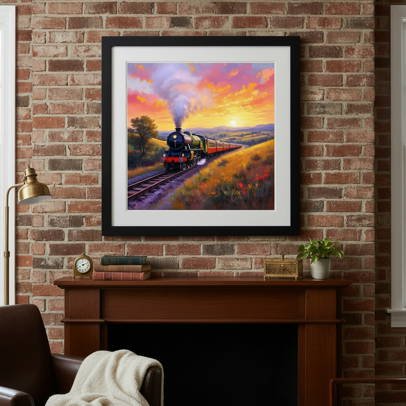 Steam Train Sunset Fine Art Print Framed
