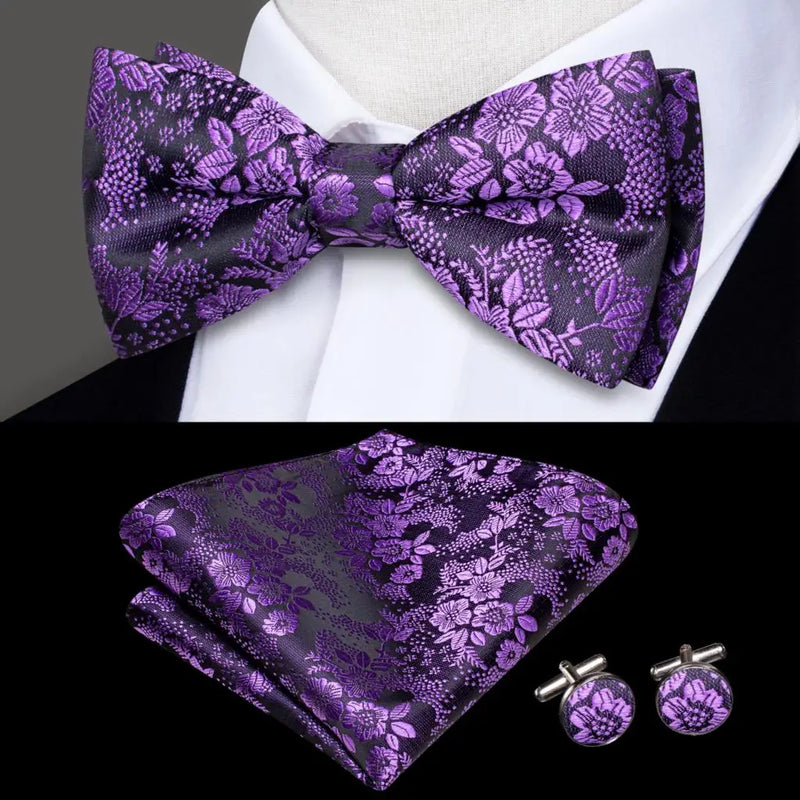Purple Floral Silk Bow Tie - With Matching Cufflinks & Pocket Square