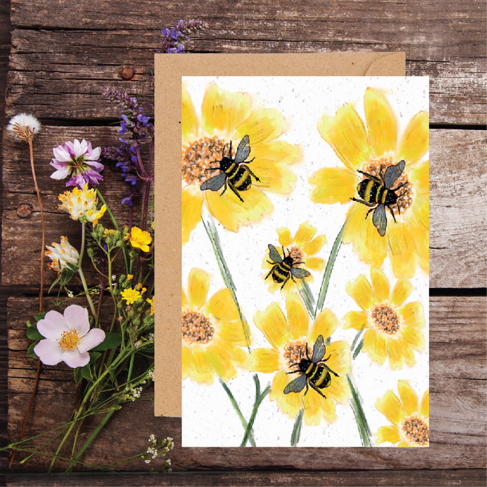 Yellow flowers and bees plantable seed greeting card by SJH Designs