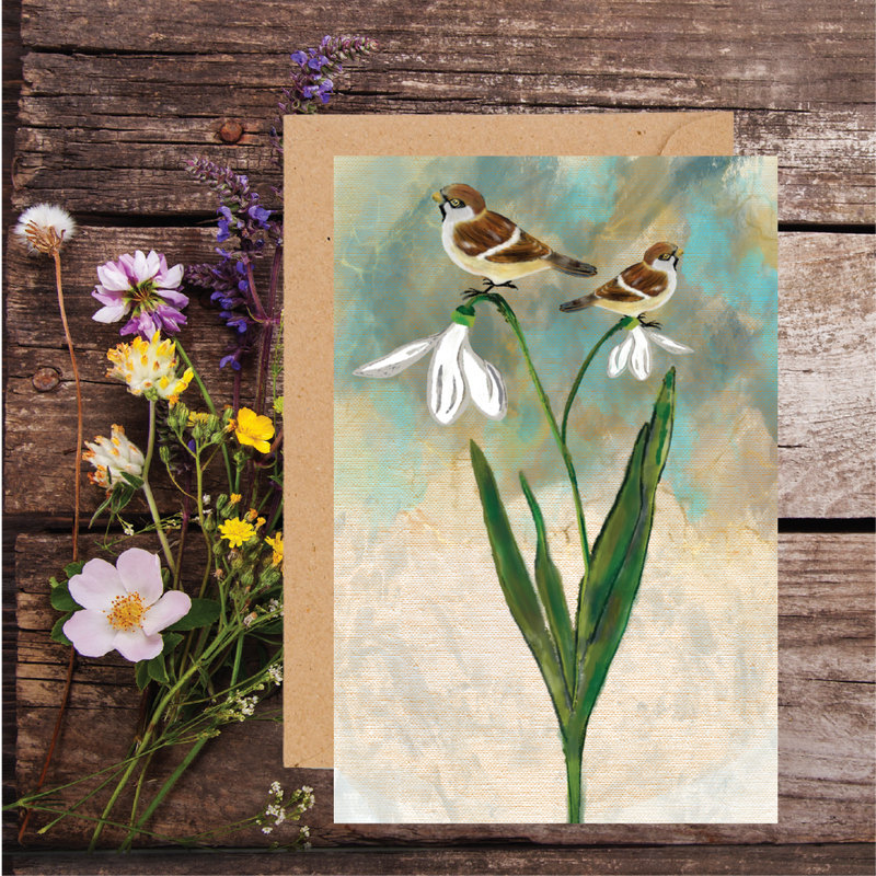 Snowdrop and Sparrow Plantable Seed Greeting Card by SJH Designs