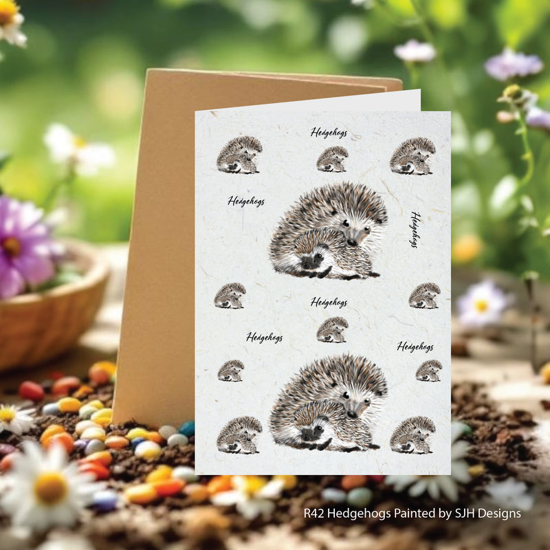 Hedgehog Mum and Hoglet Painted Watercolour design card on Plantable Seed Paper