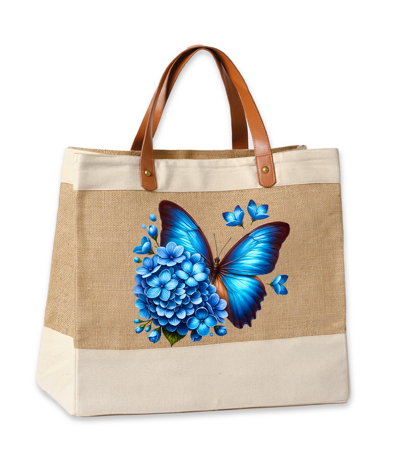 Blue Butterfly Adley jute with faux leather tote