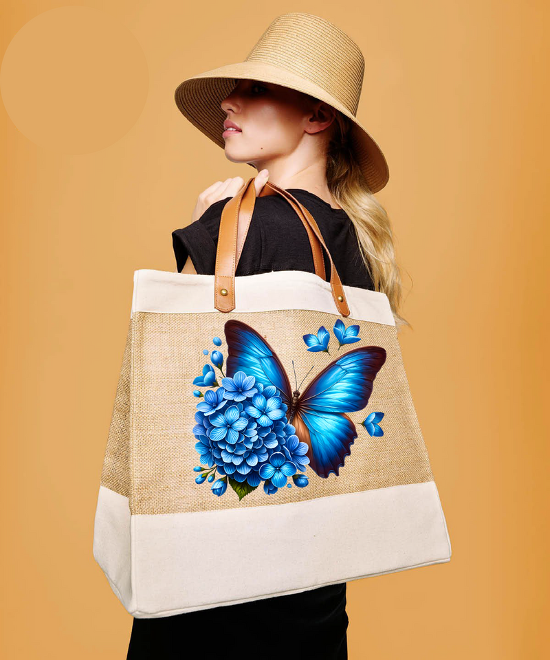 Blue Butterfly Adley jute with faux leather tote