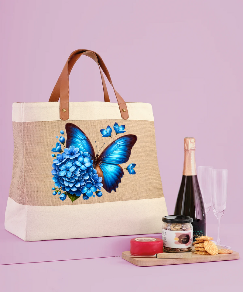 Blue Butterfly Adley jute with faux leather tote