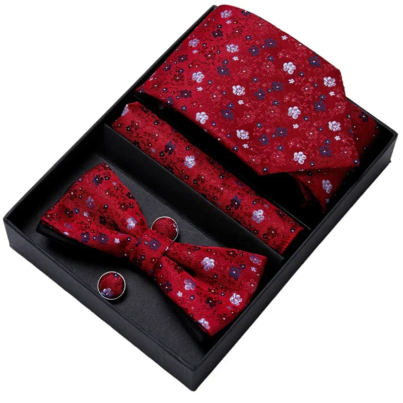 Men's Gift Set - Red Floral Tie, Bow Tie, Pocket Square and Cuff Links