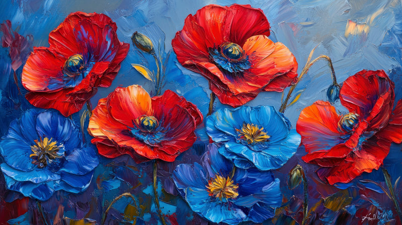 The Blue and Red Poppies Fine Art Framed Giclee Print