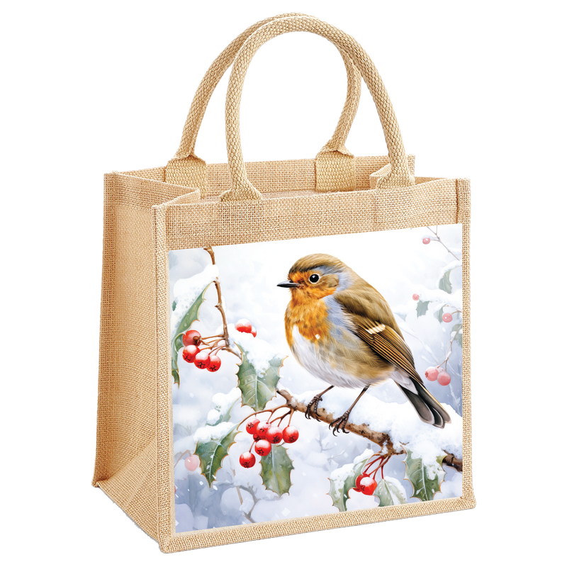 Winter Robin in the Snow on a Branch Jute Shopping Bag