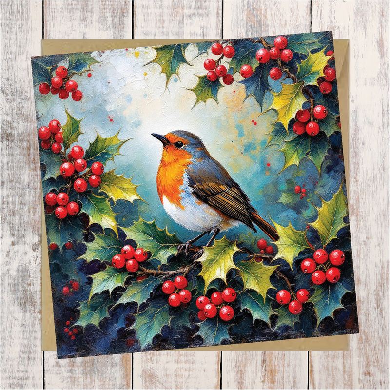 Christmas Robin on a bed of Berries Greetings Card