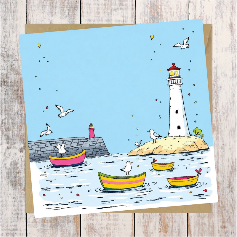 Light House And Boats Greeting Card