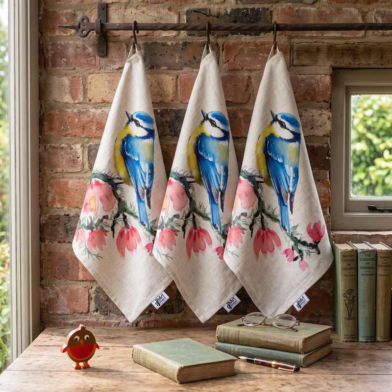 Blue Tits on Pink Blossom Towelling Tea Towels/Hand Towels