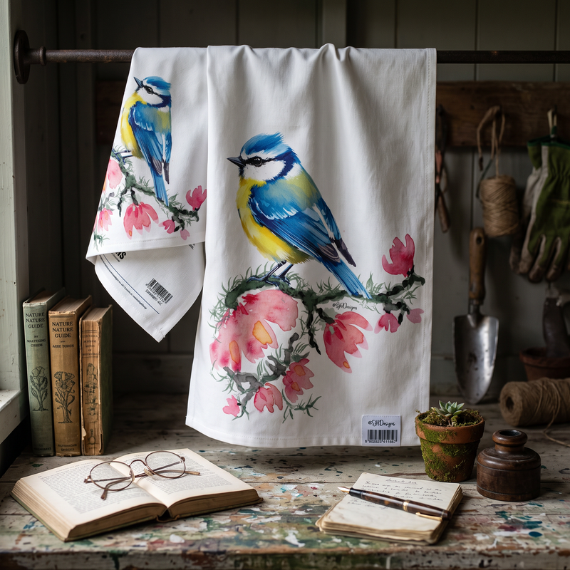 Blue Tits on Pink Blossom Towelling Tea Towels/Hand Towels