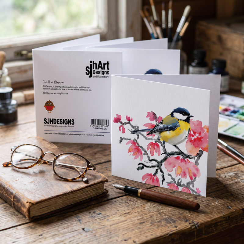 Coal Tit on Pink Blossom Greetings Card