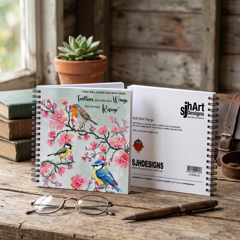 Robins on Pink Blossom Square Spiral Notebook