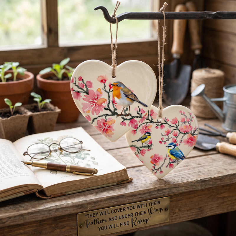 Robins, Blue Tit and Coal Tit on Pink Blossom on a pair of Hanging Ceramic Hearts