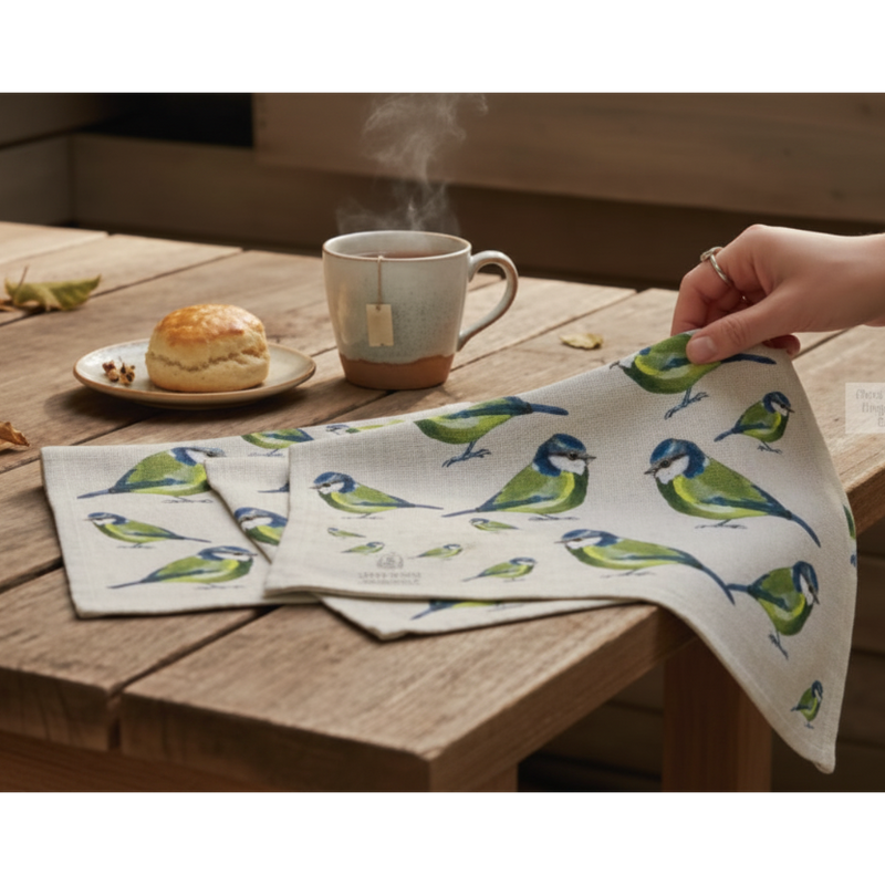 Blue Tit Set Of 6 Linen Table Napkins