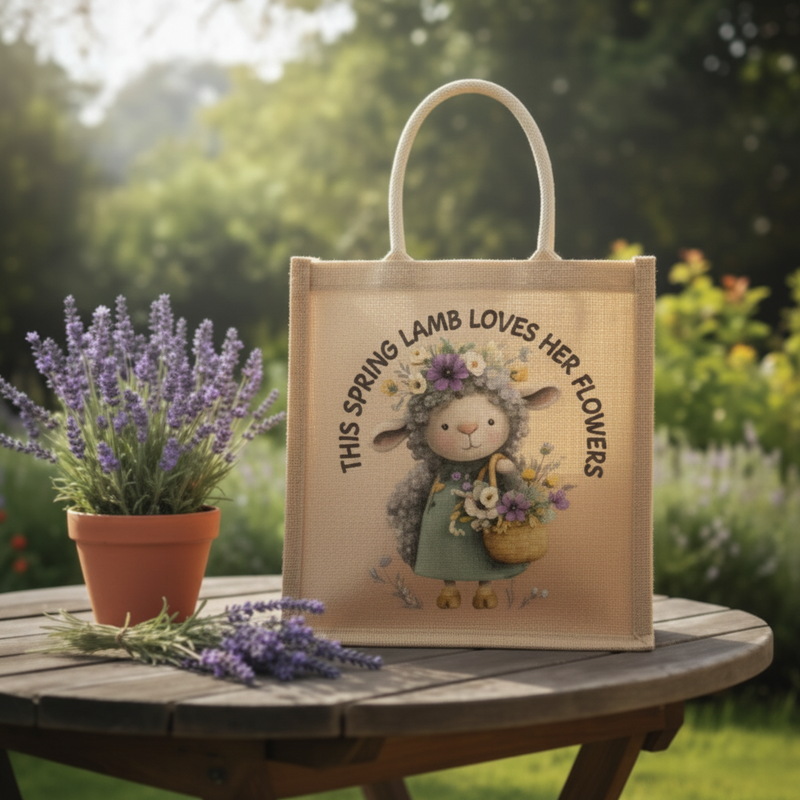 This Spring Lamb Loves Her Flowers Jute Bag