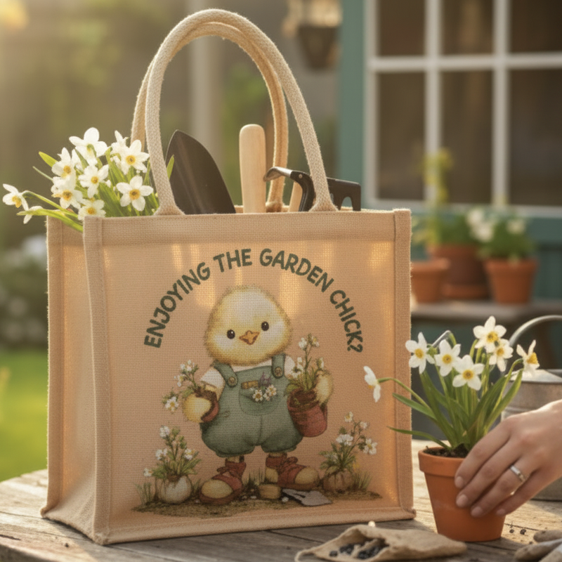 Enjoying The Garden Chick Jute Bag