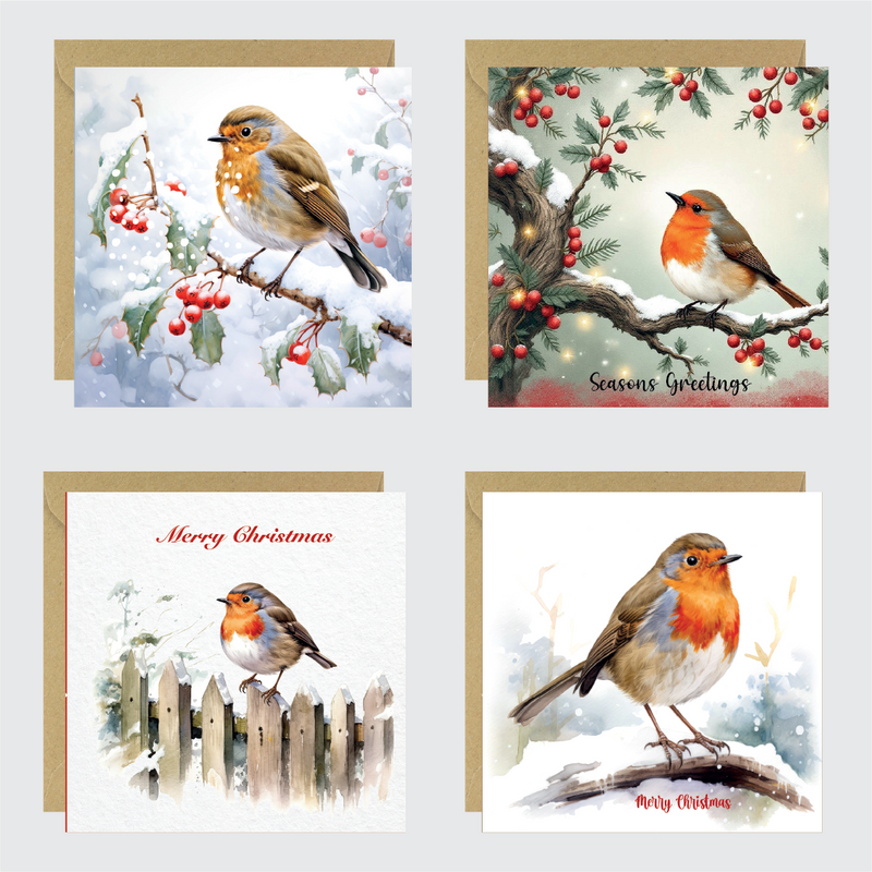 Set of 4 Traditional Robin Christmas Cards