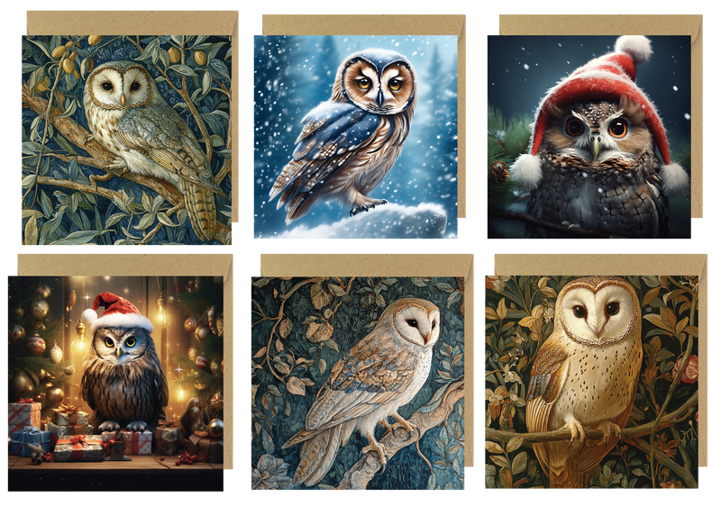 Set of 6 Victorian Owl Christmas Cards